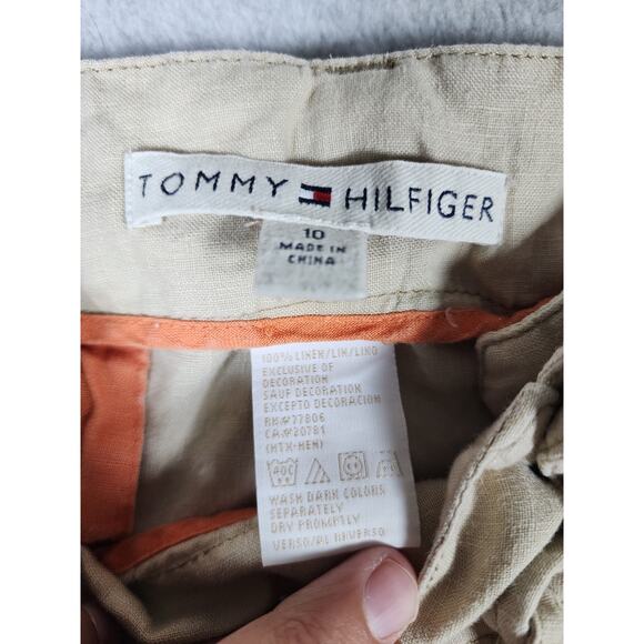 Tommy Hilfiger Sz 10 Y2k Tan 100% Linen Crop Tie Waist‎ Low Rise Zip Leg Pants - Picture 11 of 16